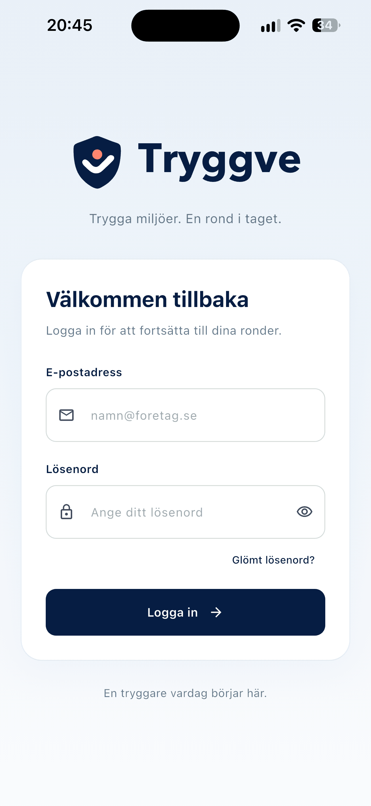 Tryggves inloggningssida med den blå Tryggve-profilen